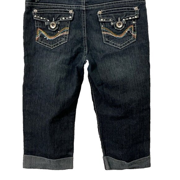 Jolt Girls Capri Denim Jeans Size 12 Blue Cuffed Embroidered Stud Pockets - Picture 6 of 10
